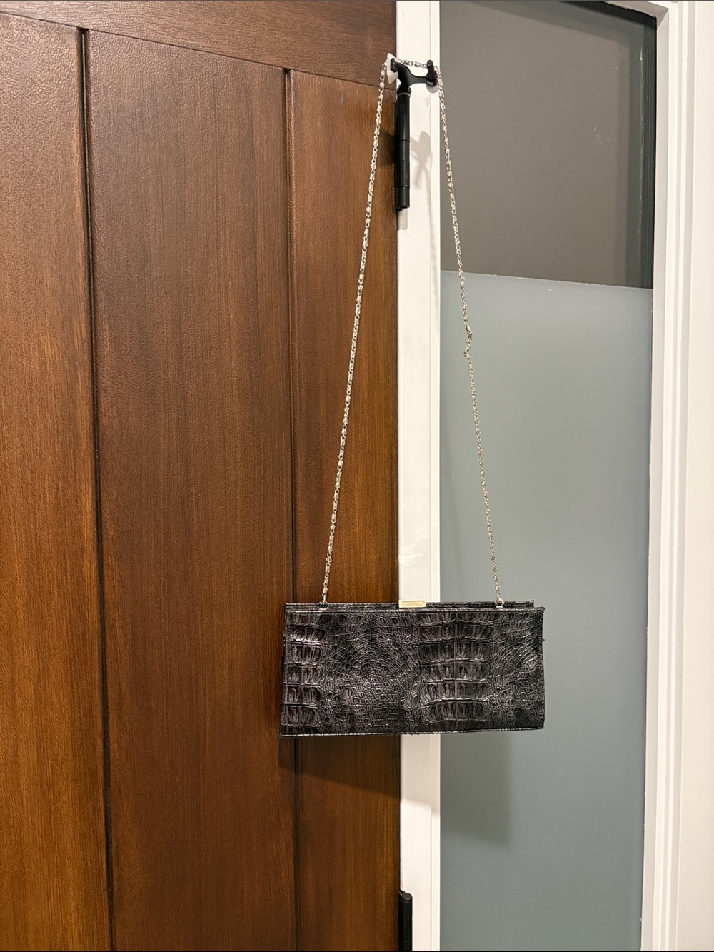 Vintage Crocodile Embossed Envelope Clutch with Chain Dark Grey